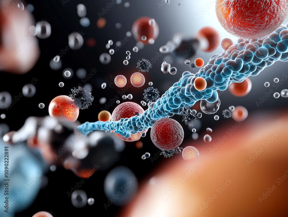 Poster 3d render of colorful organic cells and molecules, showcasing dynamic and intricate microscopic worl