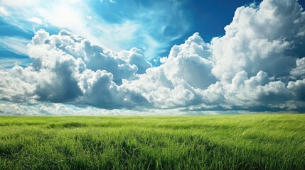 Obraz premium Lush Green Grass Under a Dramatic Sky Filled with Fluffy Clouds and Sunlight, Creating a Serene and Peaceful Natural Landscape Ideal for Tranquility and Relaxation
