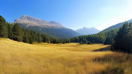 Serene Landscape of Golden Fields and Majestic Mountains Under Clear Blue Sky in the Alpine Region Capturing Nature's Tranquility and Beauty