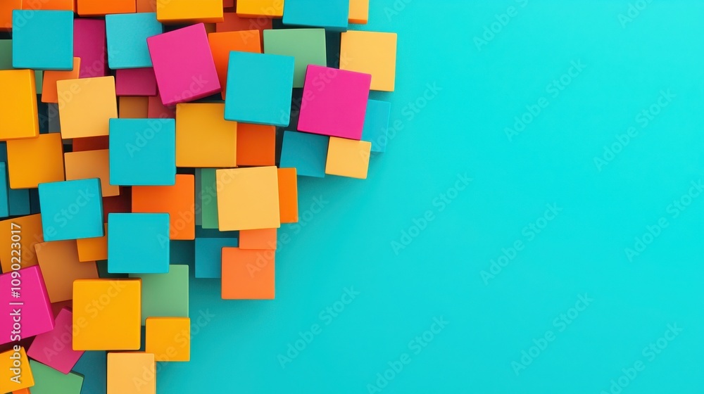 Poster seo keywords trends concept. a vibrant composition of colorful cubes scattered against a turquoise b
