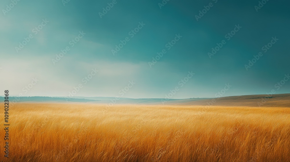 Poster expansive golden wheat field under dramatic sky with soft light and hazy horizon creating a serene a