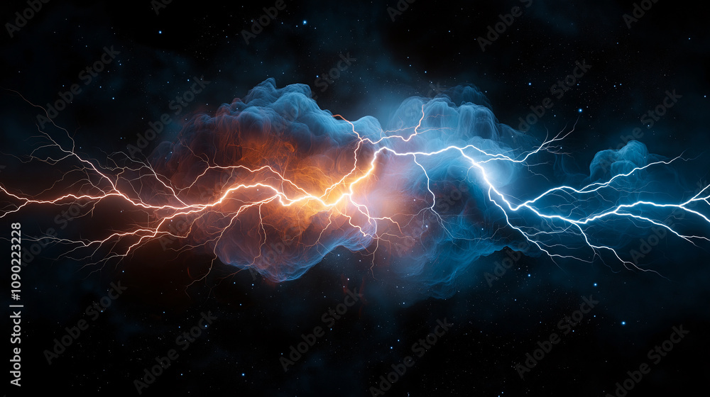 Poster vibrant 3d rendering of purple lightning and nebula, showcasing cosmic clash of energy and color in 