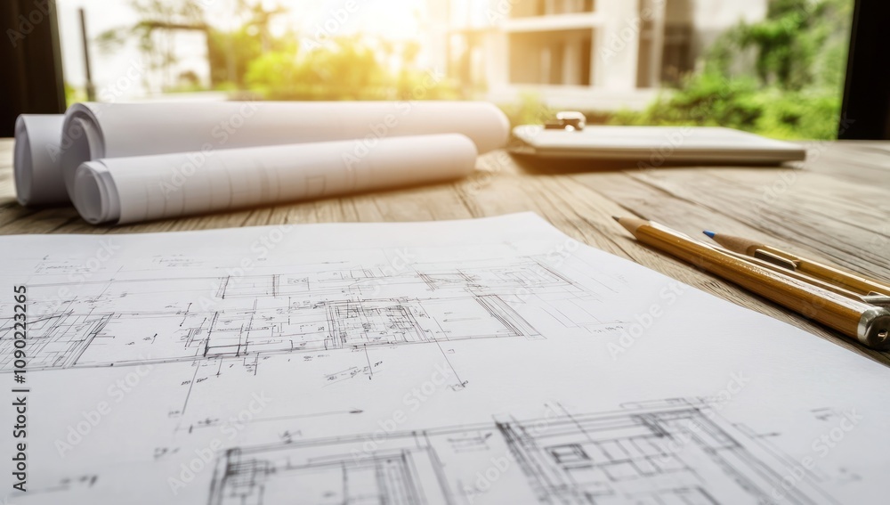 Poster architectural blueprints on a wooden table with tools and sunlight in the background.