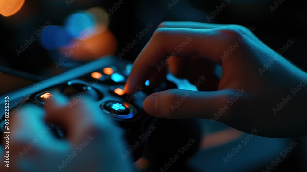 Poster A hand manipulating a game controller, illuminated by ambient lighting.