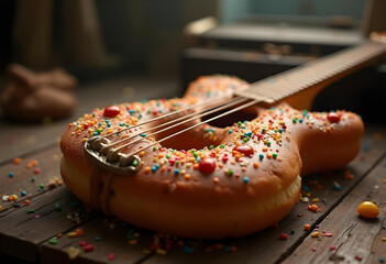 whimsical guitar shaped like donut, adorned with colorful sprinkles, rests on rustic wooden surface. This playful fusion of music and dessert evokes sense of joy and creativity