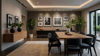Fototapeta premium Here's a possible and keyword list for your stock photo.. Modern dining room with wood table, black chairs, and gallery wall.