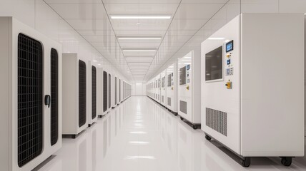 Naklejka premium A modern data center corridor featuring rows of sleek white server racks under bright, uniform lighting.