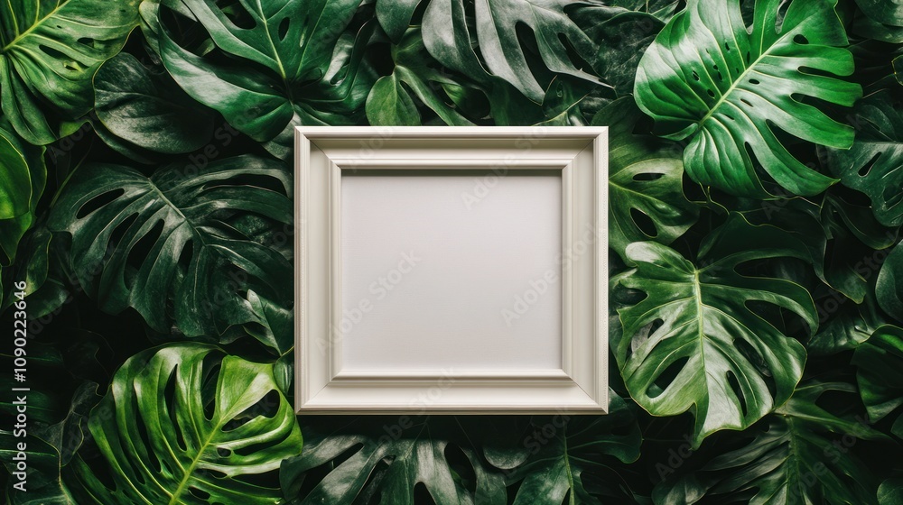 Poster a blank picture frame surrounded by lush green leaves, ideal for displaying art or photos.
