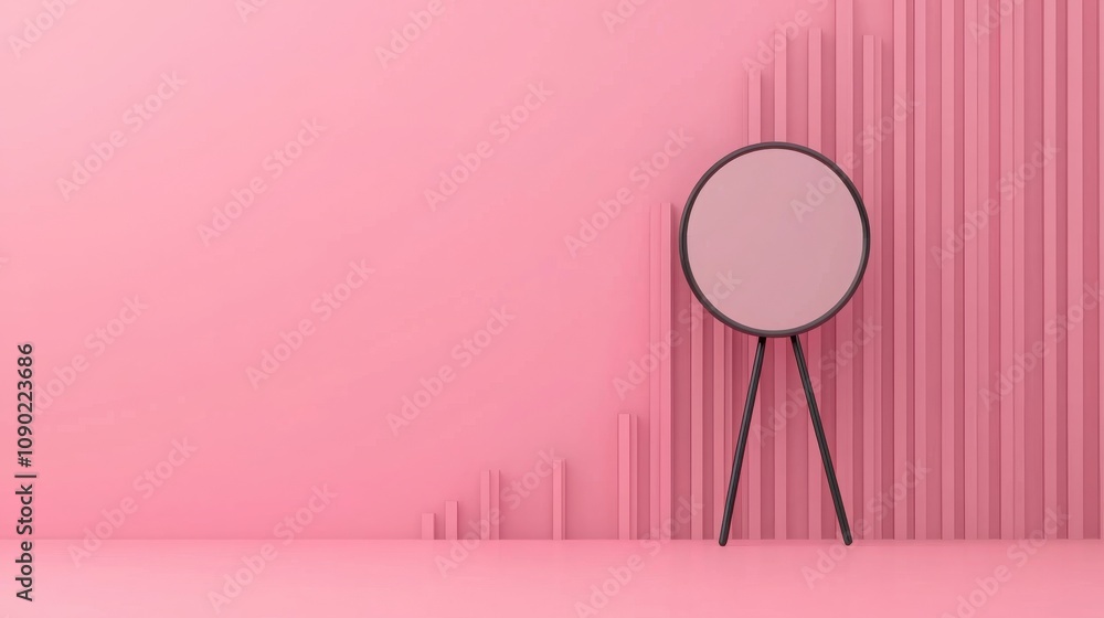 Poster seo keywords trends concept. a minimalist design featuring a round mirror on a tripod against a soft