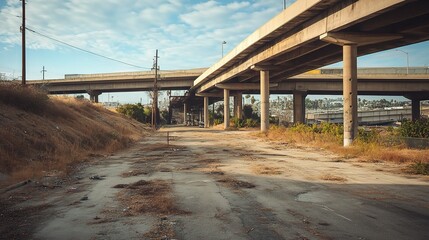 Fototapeta premium Urban Infrastructure in Los Angeles: A Scene Capturing Abandoned Roads and Elevated Freeways Surrounded by Nature and Urban Decay in California