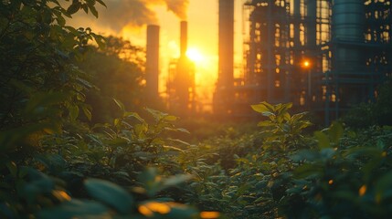 Industrial sunset over renewable energy plant sustainable practices in urban industry nature's resilience environmental awareness eco-friendly future