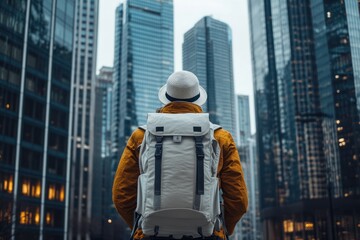 Fototapeta premium A lone traveler explores the cityscape with a backpack and hat