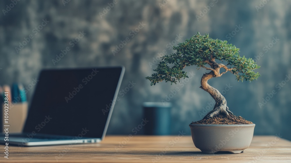 Poster a bonsai tree on a desk beside a laptop, creating a serene workspace ambiance.
