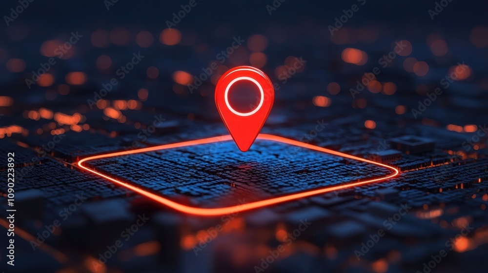 Poster seo keywords trends concept. a glowing map marker on a digital grid, symbolizing location tracking o