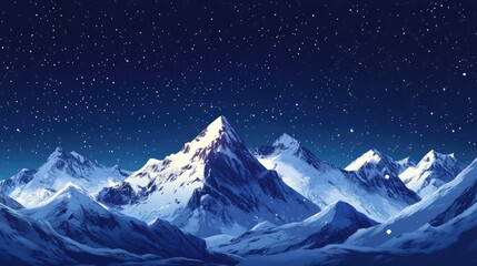 Majestic Snow-Capped Mountains Under a Starry Night Sky with Softly Falling Snowflakes Creating a Tranquil Winter Wonderland Scene