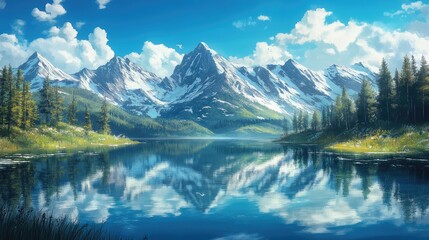 Fototapeta premium Serene Mountain Landscape with Reflective Lake and Lush Greenery Under Bright Blue Sky and Fluffy White Clouds in a Picturesque Nature Scene