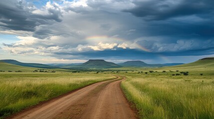 Fototapeta premium Scenic Landscape with Dramatic Sky and Rainbow over Rolling Hills on a Dirt Road in a Green Meadow under Cloudy Conditions