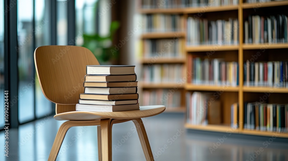 Aufkleber a wooden chair with a stack of books in a modern library setting.