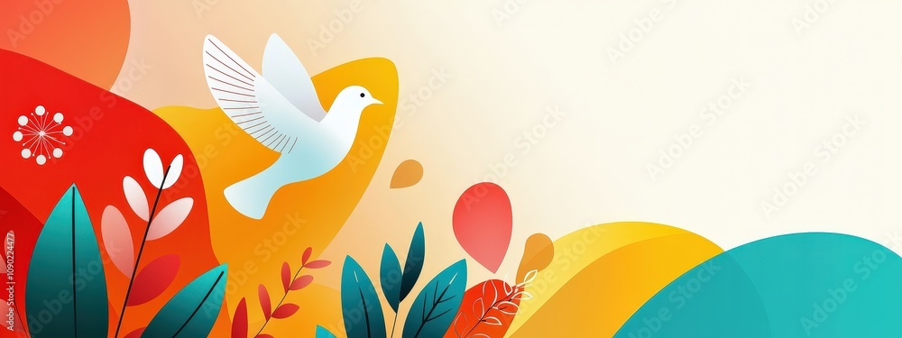 Poster dove flying with symbols of unity in the background