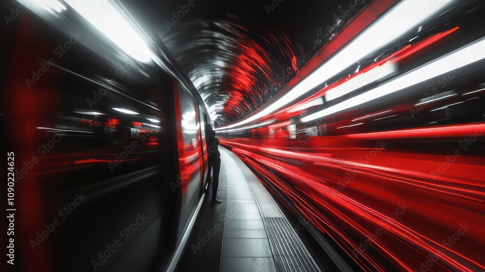 Poster a lone figure stands on a subway platform as a train speeds by, creating a blur of red and white lig