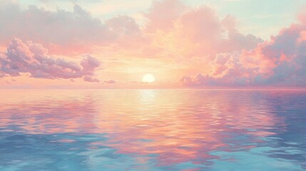Fototapeta premium Serene Sunset Over Tranquil Waters with Soft Pastel Clouds and Golden Sunlight Reflecting on Peaceful Ocean Surface