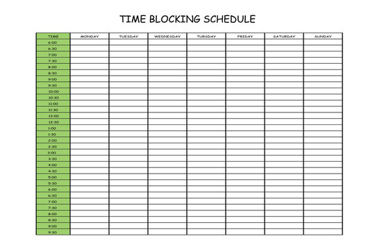 24 Hourly Weekly Schedule - Monday Start. Mockup for daily scheduling and time management. 30-minute increment hourly planner templates. Time Planner.