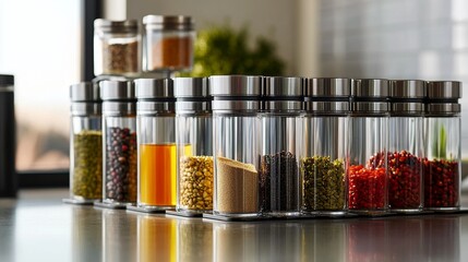 86.A sleek and modern condiment set arranged neatly on a polished kitchen counter. The set includes glass and metal containers filled with vibrant spices, oils, and sauces, each item clearly labeled