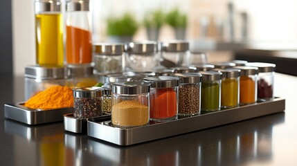 86.A sleek and modern condiment set arranged neatly on a polished kitchen counter. The set includes glass and metal containers filled with vibrant spices, oils, and sauces, each item clearly labeled