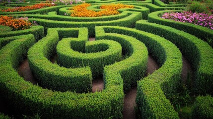 Naklejka premium Stunning Aerial View of a Beautifully Landscaped Maze Garden with Vibrant Flowers and Intricate Green Hedges, Perfect for Outdoor Pleasure and Exploration