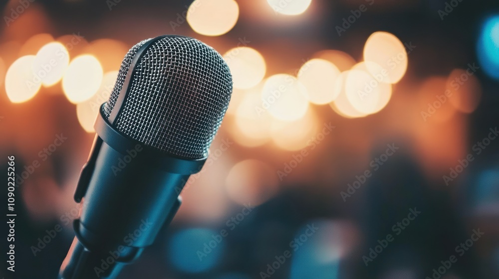Aufkleber a close-up of a microphone with a blurred background of lights.