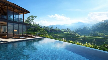Obraz premium Serene Modern Villa with Infinity Pool Overlooking Lush Rice Terraces and Majestic Mountains in a Tropical Paradise Under a Clear Blue Sky