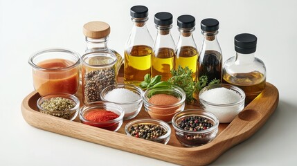 87.A variety of condiments, including salt, pepper, oil, and sauces, arranged in matching glass containers. The set is placed on a wooden tray, providing a functional and aesthetic display, perfect
