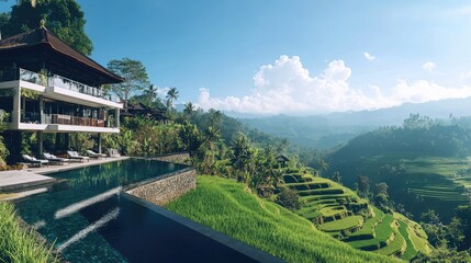 Fototapeta premium Exquisite Luxury Resort Overlooking Lush Green Rice Terraces and Serene Mountain Landscape Under a Bright Blue Sky