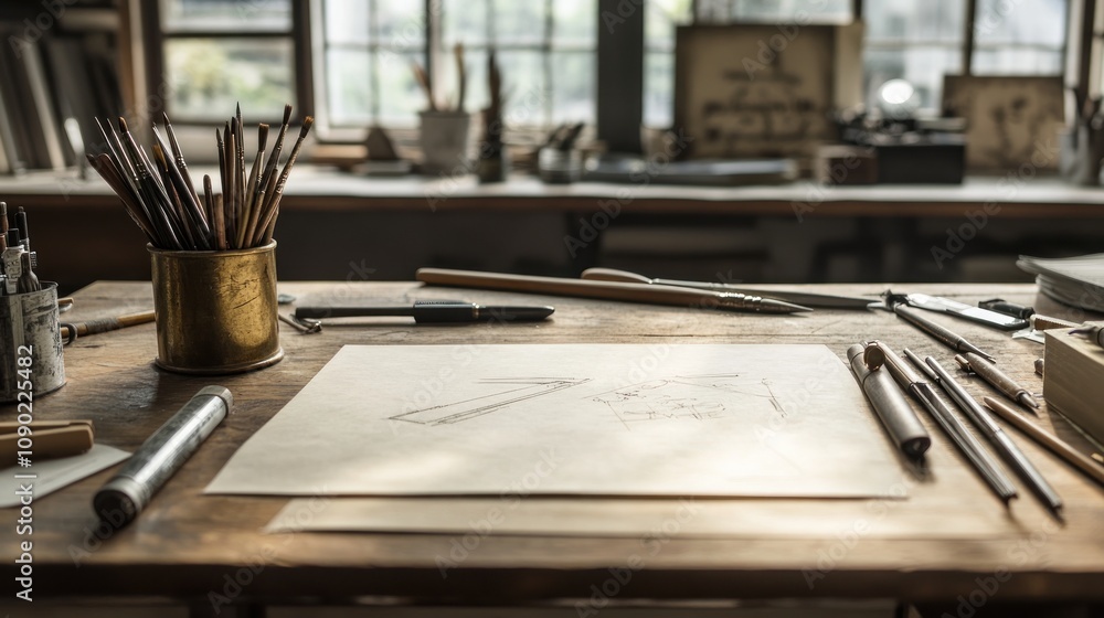 Aufkleber a creative workspace with drawing tools and sketches on a wooden table.