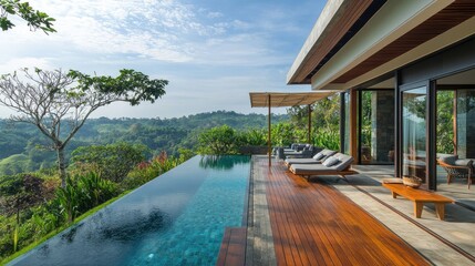 Fototapeta premium Luxurious Modern Villa with Infinity Pool Overlooking Lush Green Hills and Blue Sky in a Serene Tropical Landscape Perfect for Relaxation and Getaways