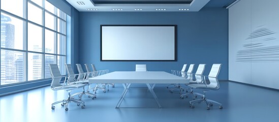 Fototapeta premium Modern Blue Conference Room with City View