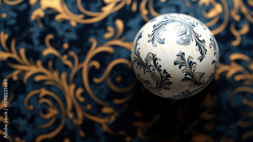 Poster a decorative spherical object against an ornate patterned background.