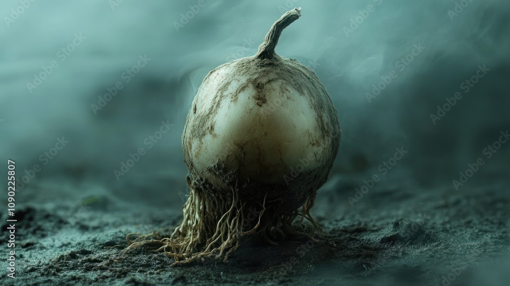 Poster a surreal depiction of a bulbous root vegetable emerging from a misty environment.