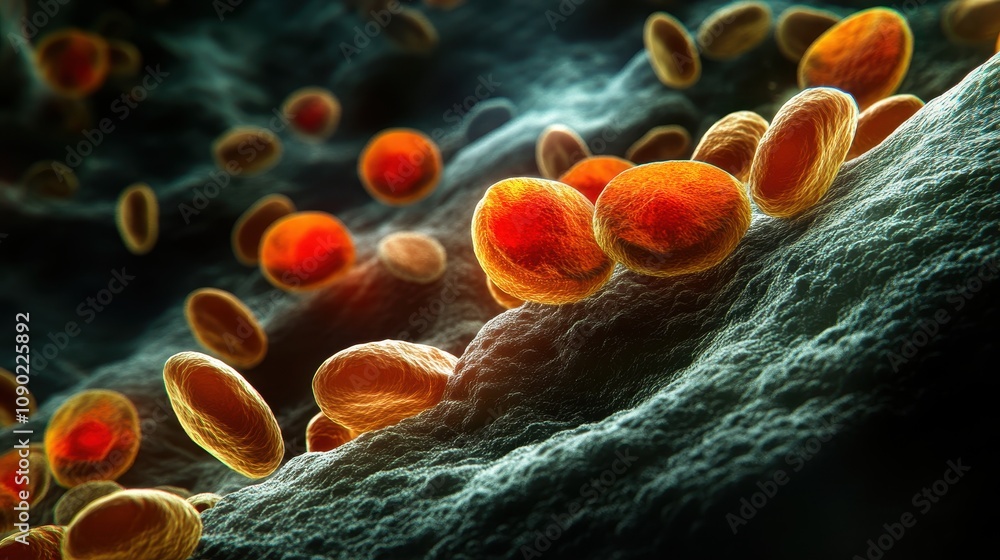 Poster microscopic view of cells with vibrant colors showcasing biological structures.