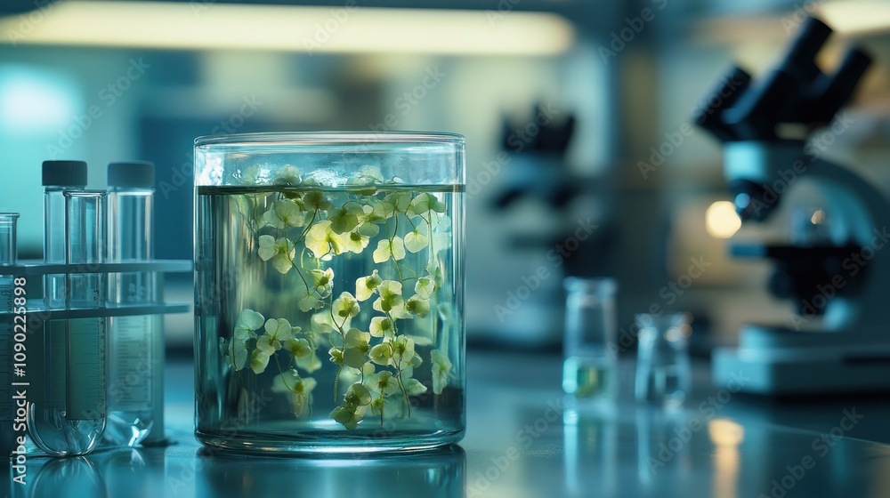 Aufkleber A laboratory scene featuring a beaker with floating popcorn in a scientific environment.