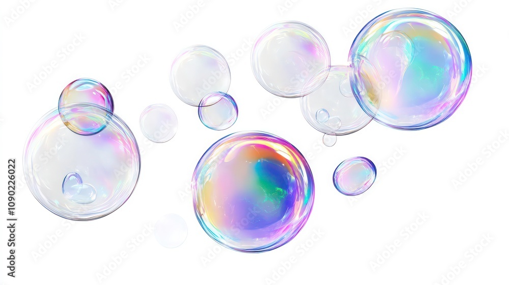 Poster a cluster of iridescent soap bubbles of various sizes against a white background.