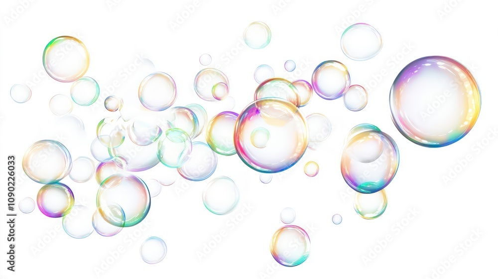 Poster a cluster of iridescent soap bubbles, varying in size, floating on a white background.