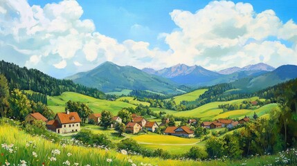 Obraz premium Serene Countryside Landscape with Rolling Green Hills and Charming Village Under a Bright Blue Sky and Fluffy White Clouds in Summer