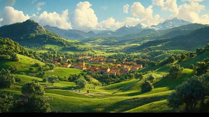 Obraz premium Serene Landscape Showcasing a Vibrant Village Nestled Amidst Lush Green Hills and Majestic Mountain Peaks Under a Bright Blue Sky with Fluffy White Clouds