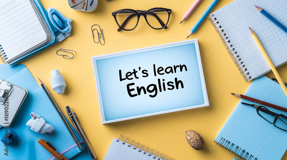 Poster lightbox with text let learn english is surrounded by stationery items on yellow background, creatin