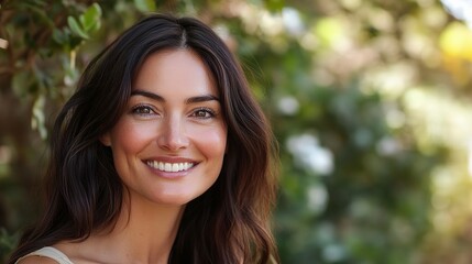 Obraz premium Radiant Smiling Brunette Woman with Natural Skin in a Serene Outdoor Setting Surrounded by Lush Greenery Captured in High Definition