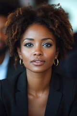 A confident businesswoman presenting in a modern conference room, surrounded by engaged colleagues.