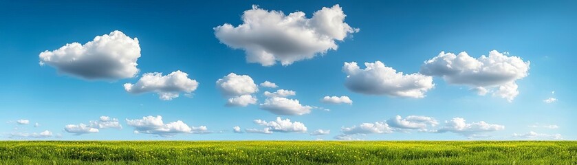 Obraz premium A serene landscape featuring vibrant green grass under a bright blue sky filled with fluffy white clouds, perfect for showcasing nature's beauty.