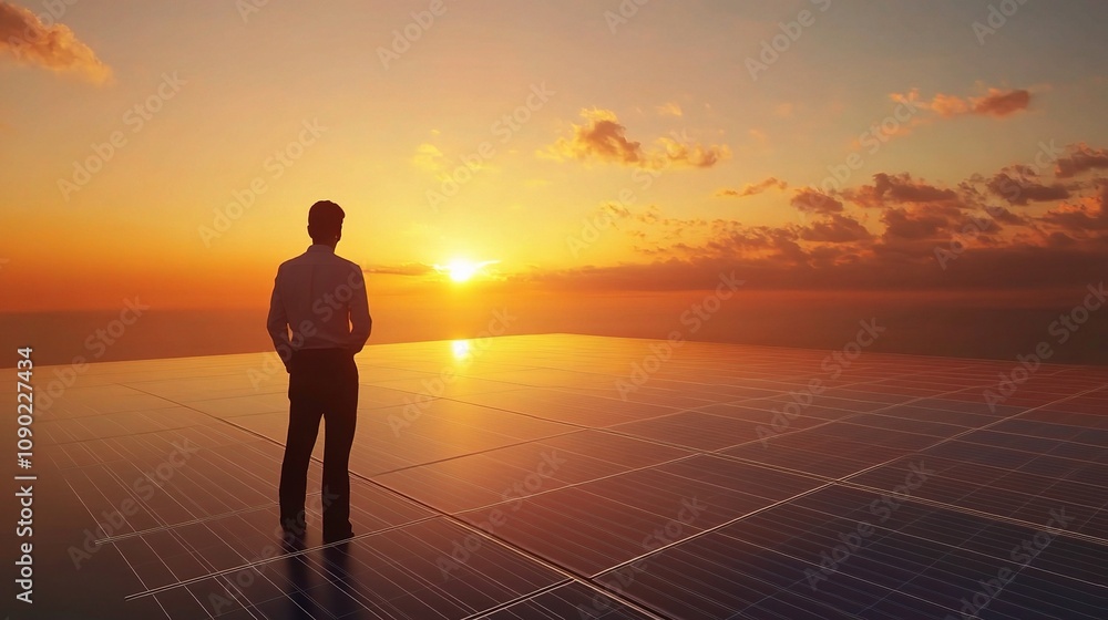 Poster technician examining a large solar panel array at sunset, ensuring efficient energy production and s