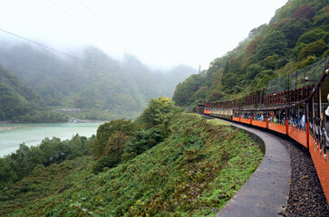 Kurobe Gorge Railway (Kurobe Kyokoku Tetsudo) with beautiful nature view in the Autumn season, Kurobe, Toyama, Japan.